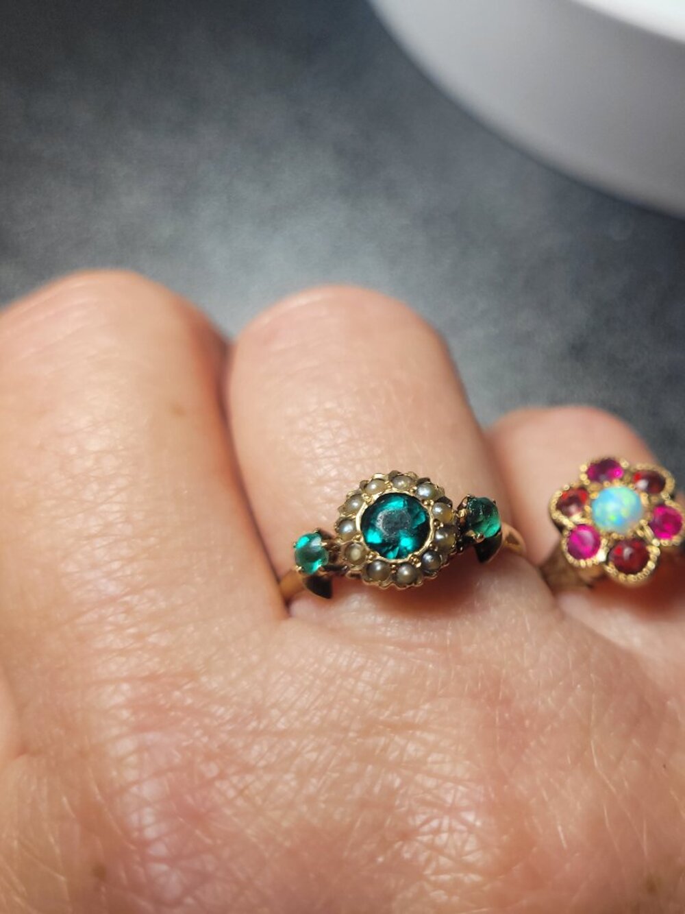 Antique Emerald Green Stones Pearls 10k Gold Victorian Ring May June Birthstones